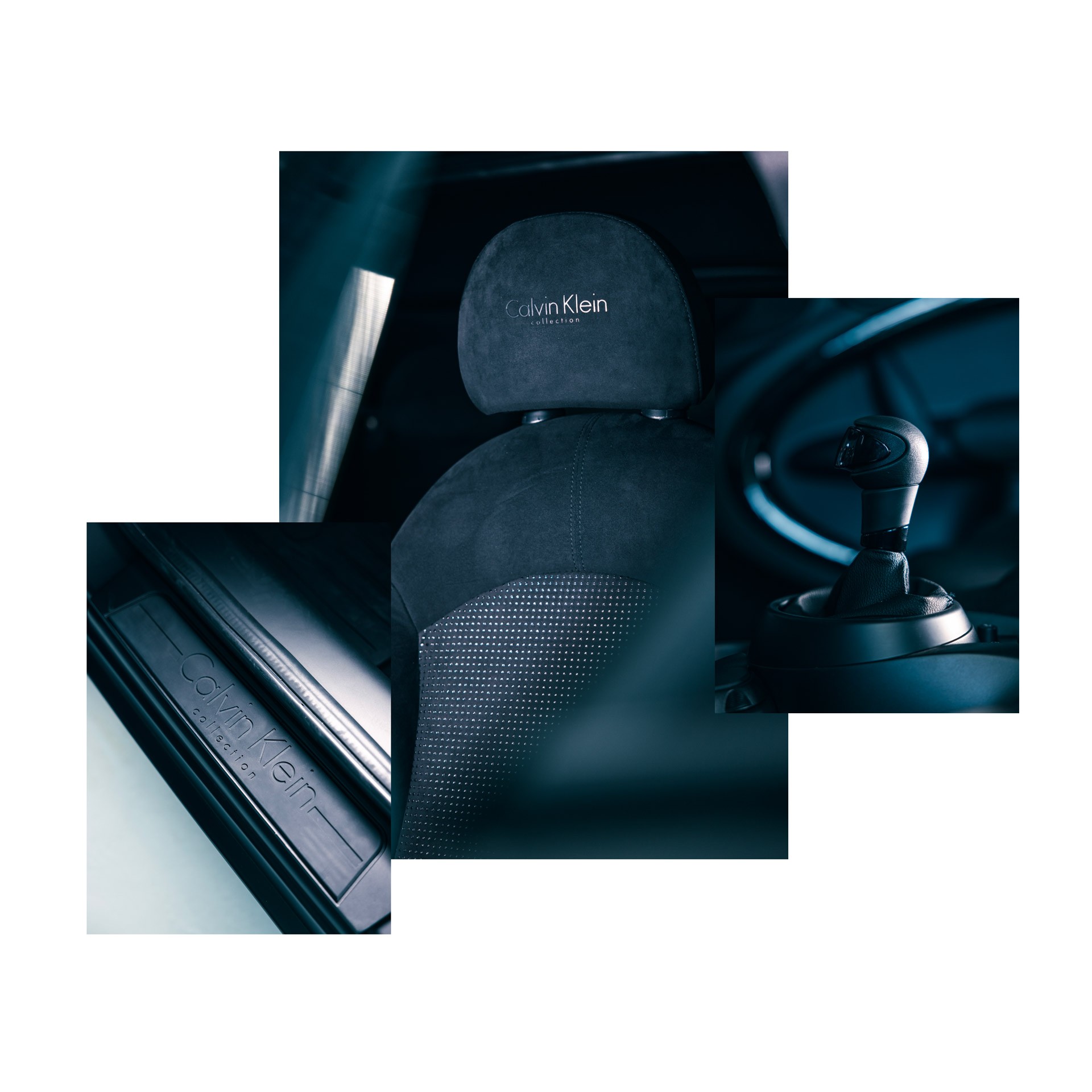 A collage of images featuring different parts of the MINI Cooper Countryman by Calvin Klein, including a close-up of the door sill, a seat, and of the gear stick.